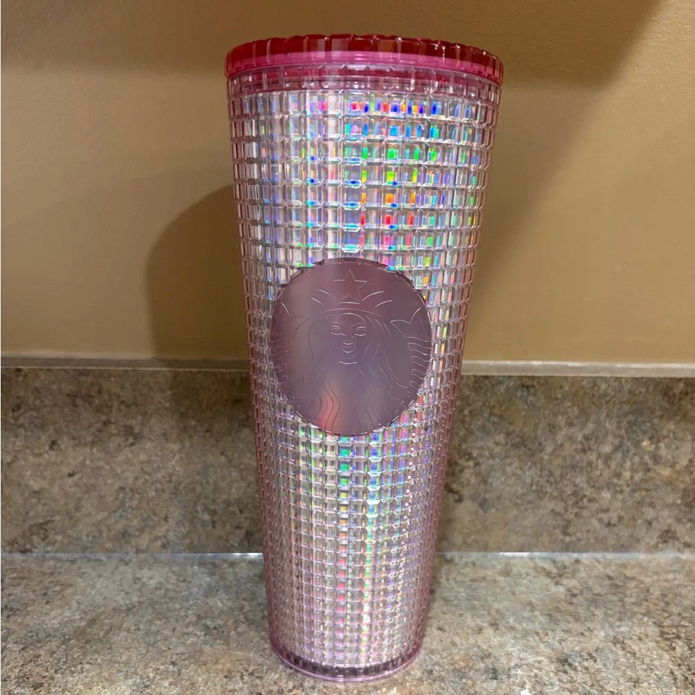 Starbucks 2022 Iridescent Pink Silver Bubblegum Grid Cold Cup Tumbler Venti 24oz